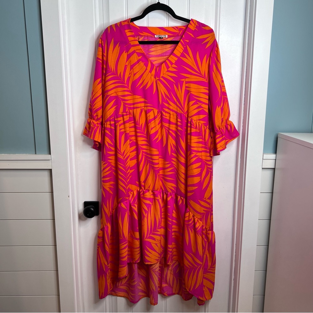 FAIRHOPE Pink and Orange High Low Tropical Leaf‎ Print Dress. Size XL.